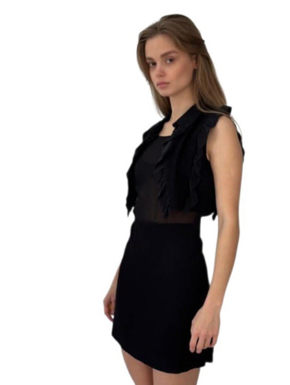 Sandro EUC Black Lace Trim Crepe Mini Dress Size 3